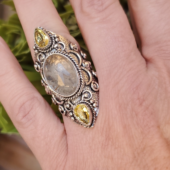 New Golden Rutile & Citrine 925 Silver Statement Ring. - Picture 3 of 16